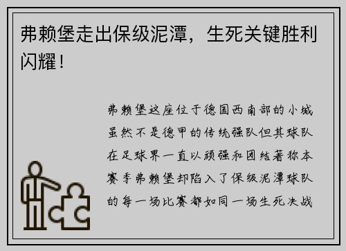 弗赖堡走出保级泥潭，生死关键胜利闪耀！