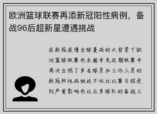 欧洲篮球联赛再添新冠阳性病例，备战96后超新星遭遇挑战